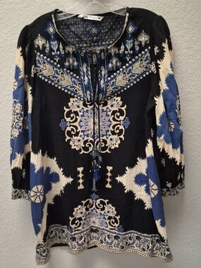 Zara Black, Blue & Cream Embroidered Boho Tunic A-line Dress Or Top Size M